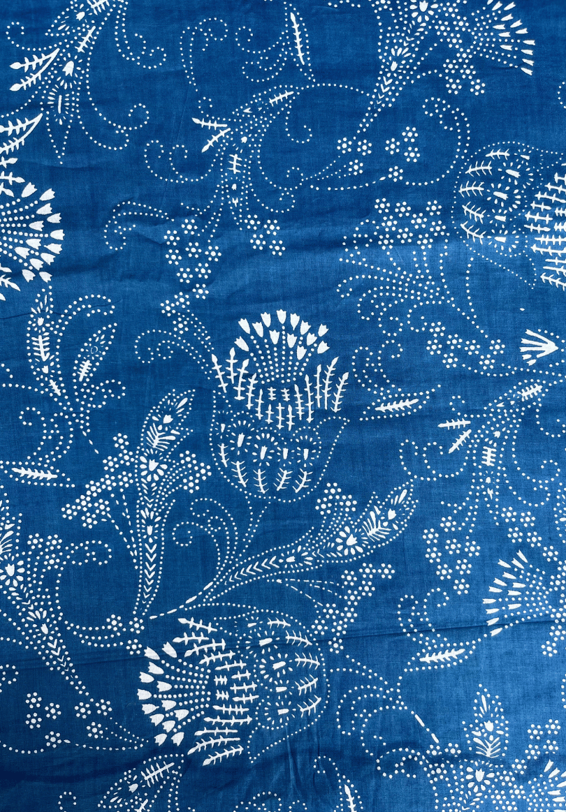 Elegant Indigo Blue Floral Cotton Fabric with Delicate White Dotted Designs