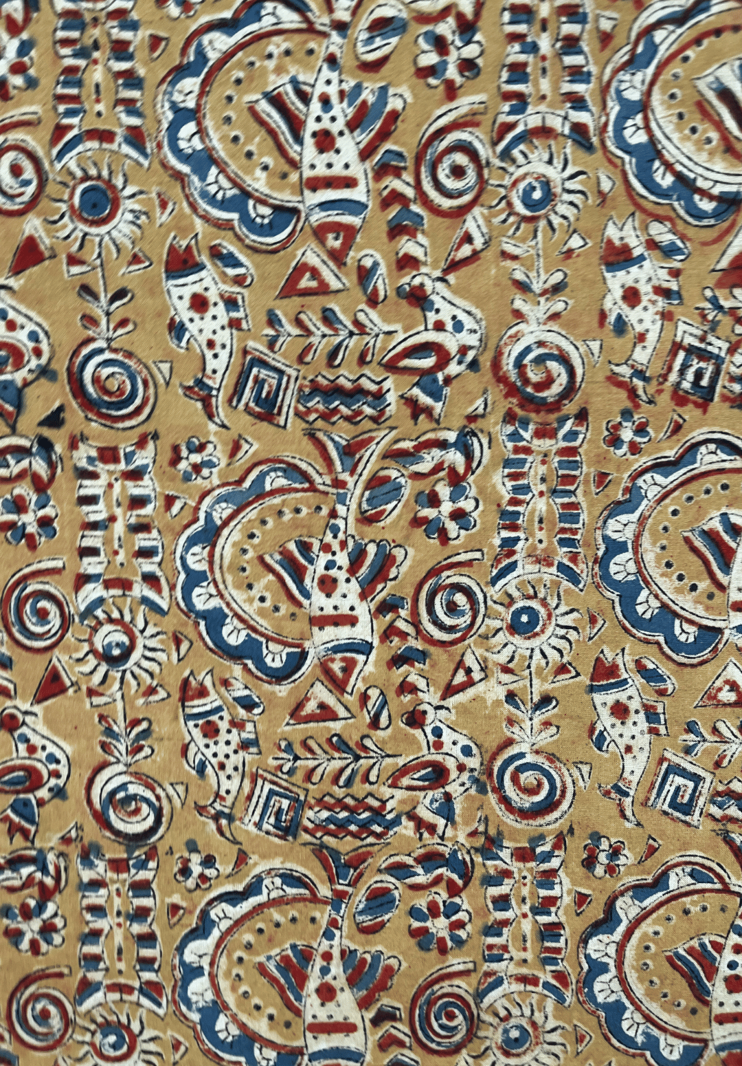 Traditional Kalamkari Fabric - Fish, Floral, Geometric on Mustard