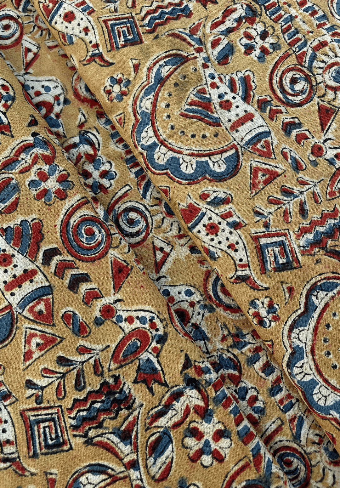 Traditional Kalamkari Fabric - Fish, Floral, Geometric on Mustard