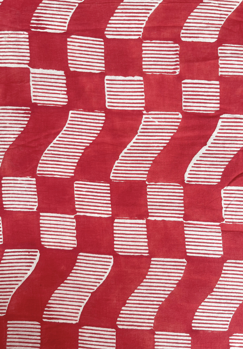 Traditional Hand Block Printed Cotton Fabric with Red & White Modern Design