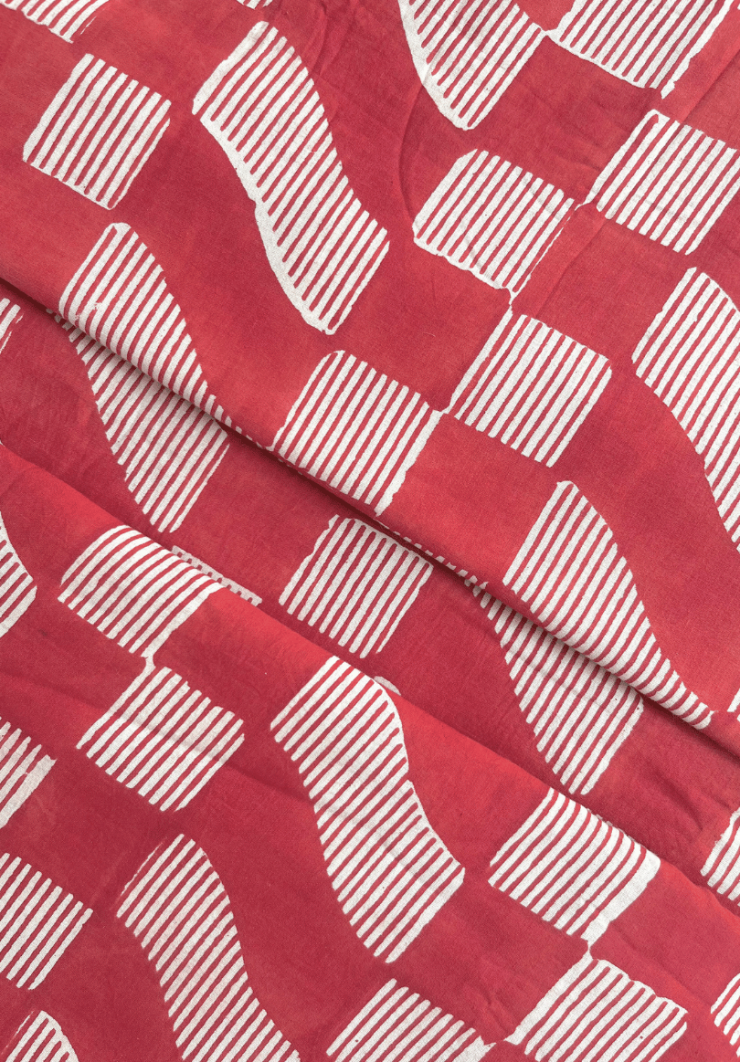 Traditional Hand Block Printed Cotton Fabric with Red & White Modern Design