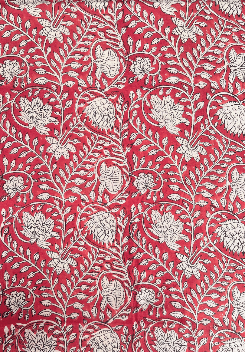 Handcrafted Botanical Red Fabric with Intricate Leaf & Flower Design