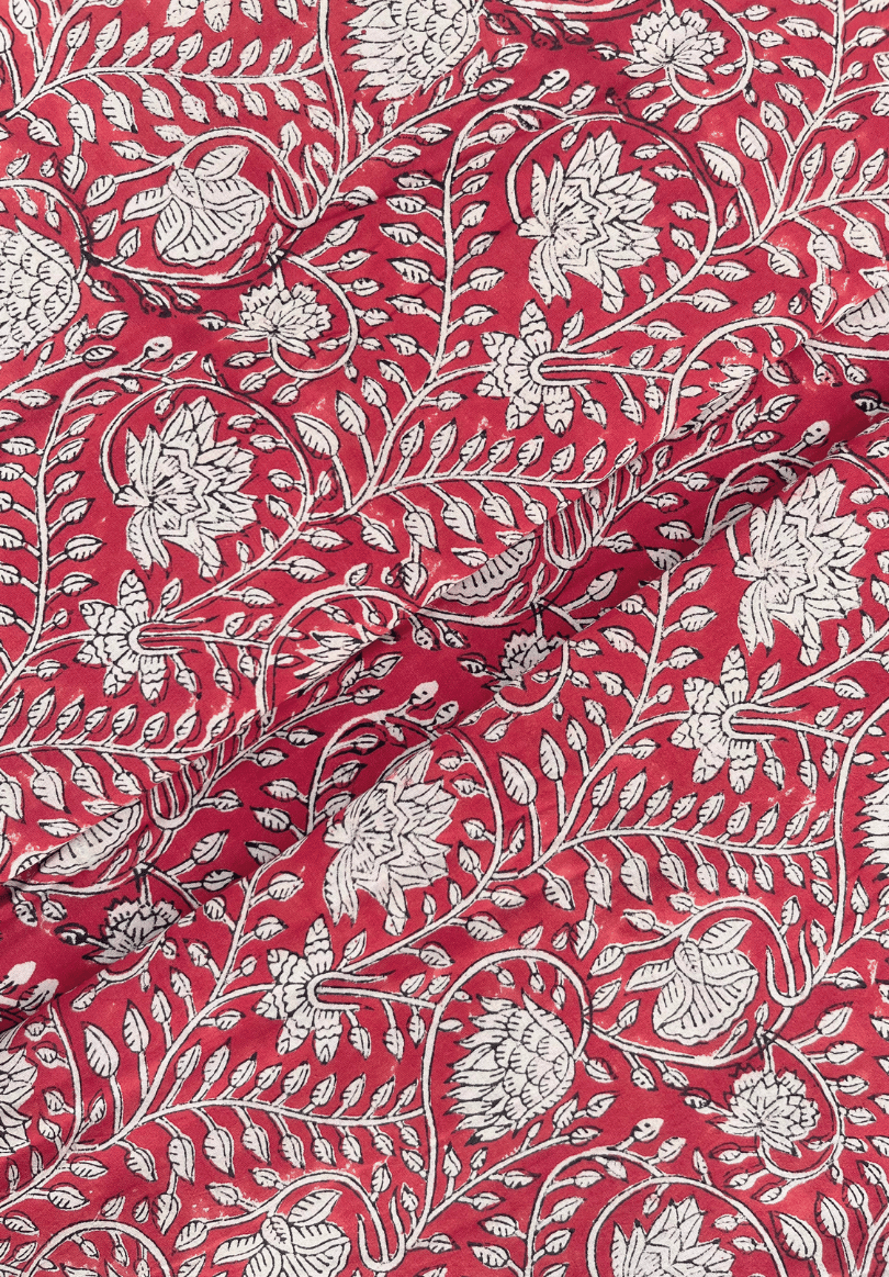 Handcrafted Botanical Red Fabric with Intricate Leaf & Flower Design