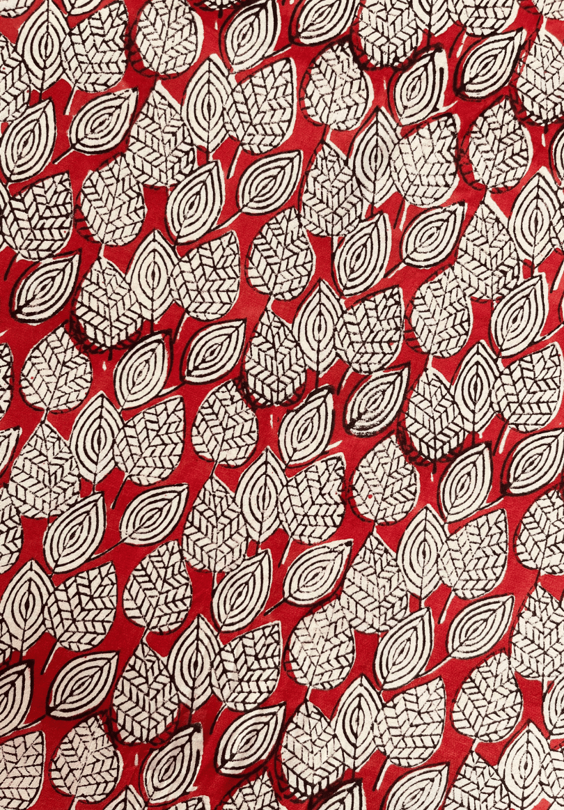 Rustic Botanical Fabric with Geometric Leaf Pattern on Deep Red