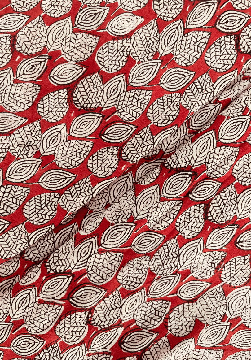 Rustic Botanical Fabric with Geometric Leaf Pattern on Deep Red