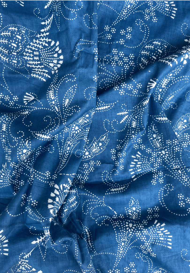 Elegant Indigo Blue Floral Cotton Fabric with Delicate White Dotted Designs