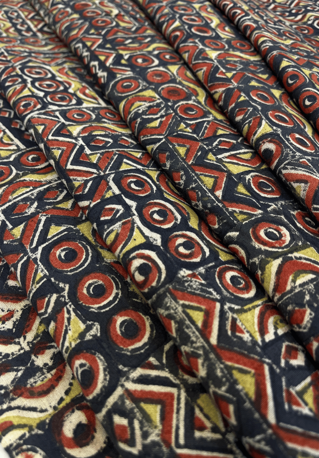 Traditional Printed Kalamkari Fabric with Tribal Mosaic Print on fade Black Background