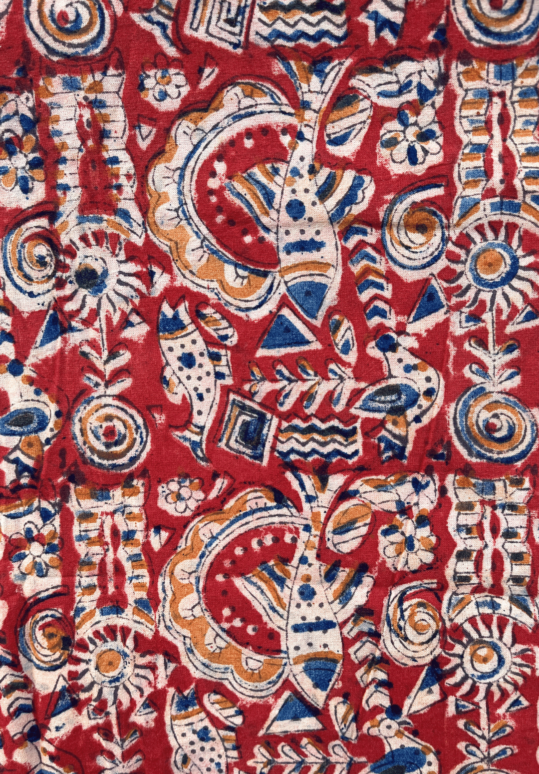Fiery Red & Indigo Fish Motif Traditional Kalamkari Fabric