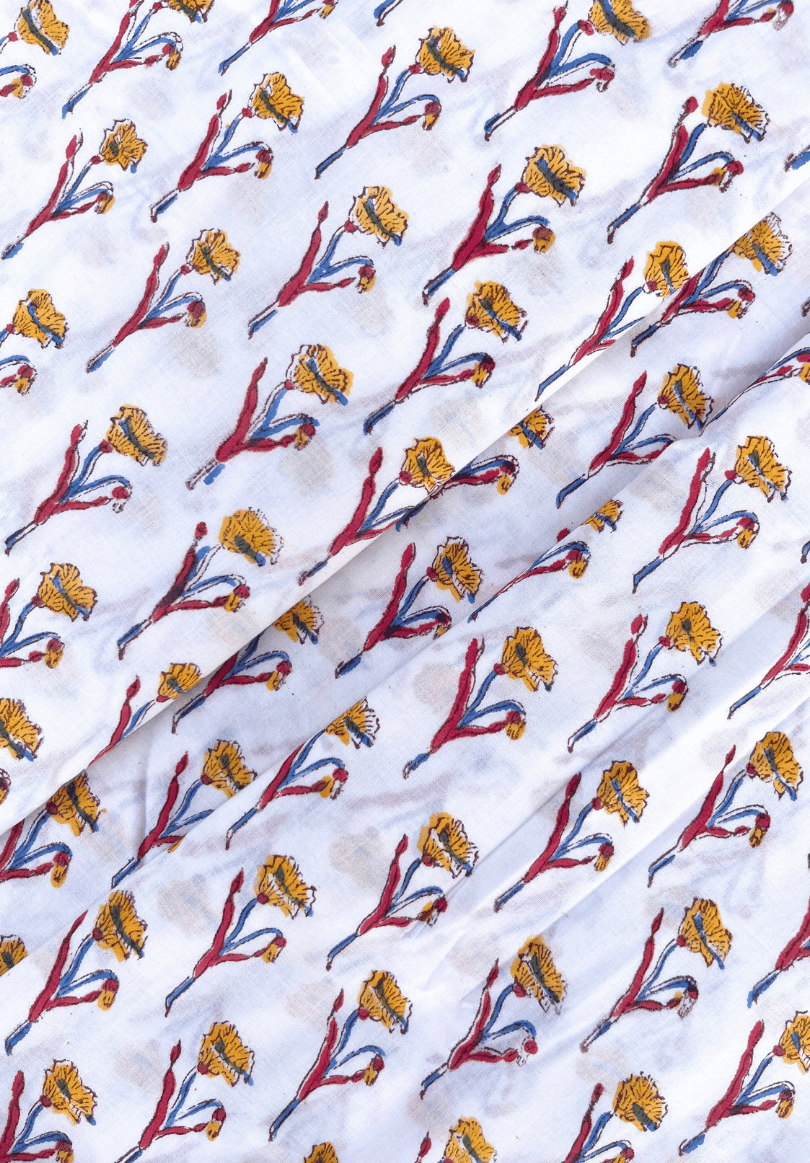 Hand Block Print with White Base with Floral Motifs in Red, Blue & Yellow