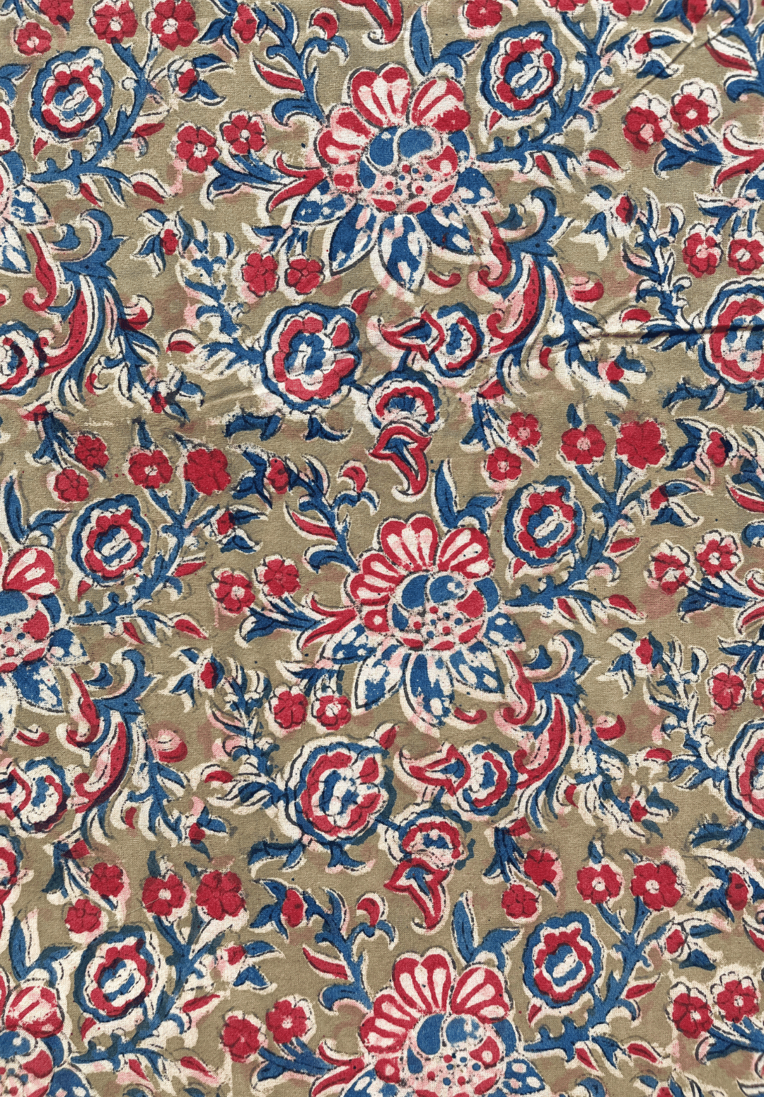 Kalamkari Print - Floral Motifs on Faded Green Background