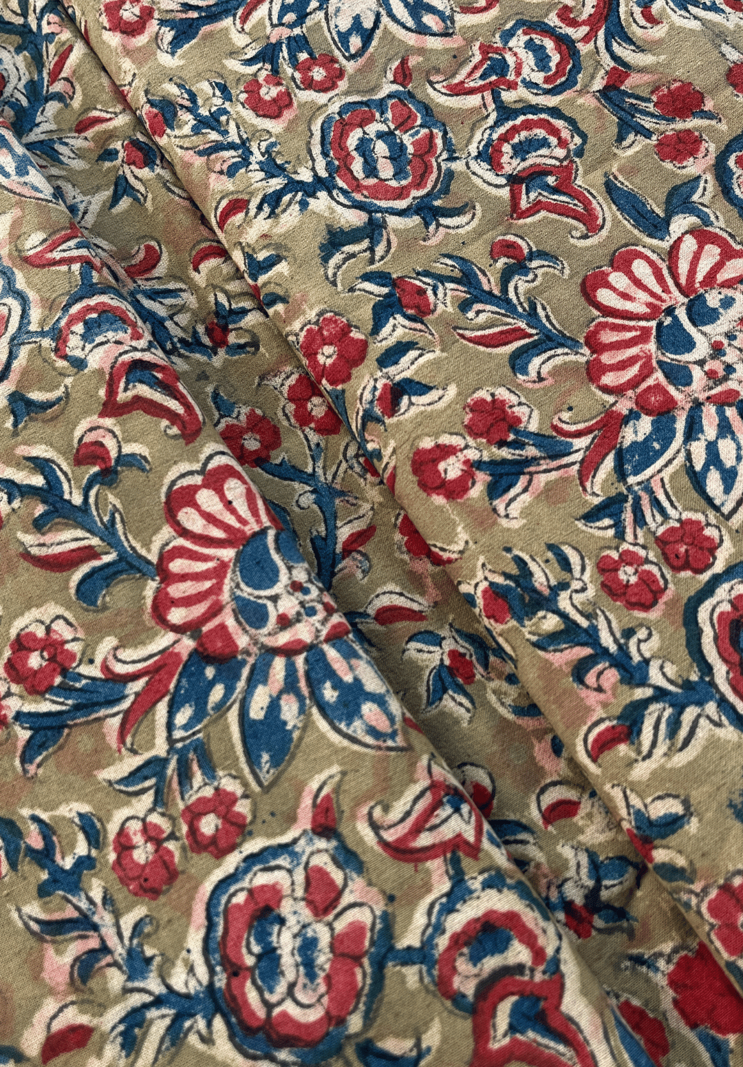Kalamkari Print - Floral Motifs on Faded Green Background