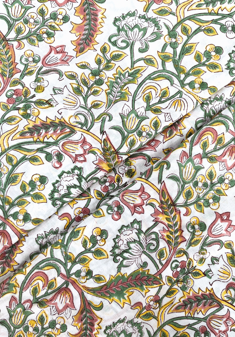 Intricate Floral Hand Block Print Vine Pattern in Green, Yellow & Red on White