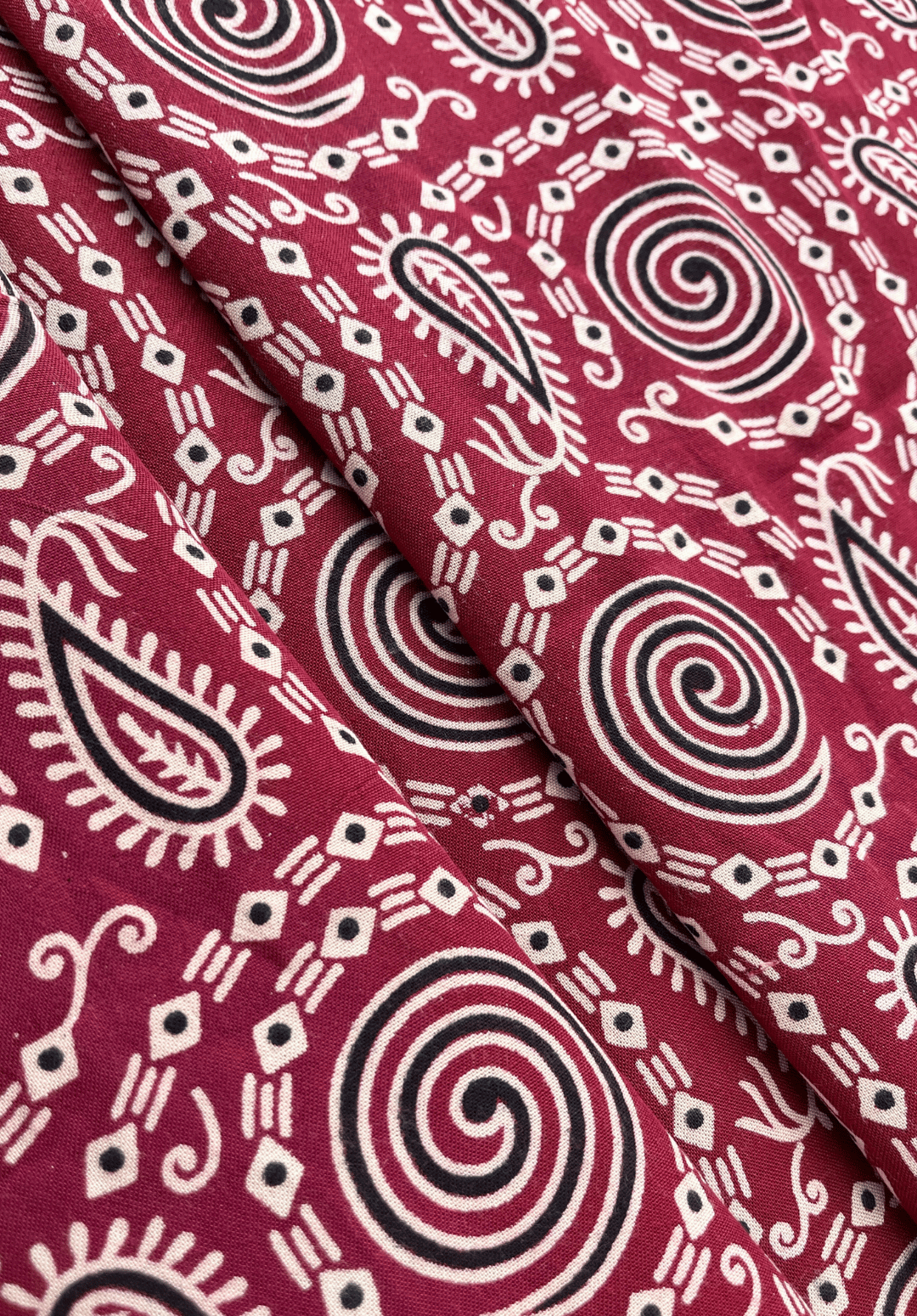 Paisley & Spiral Ajrakh Rayon - Red, Black, & White