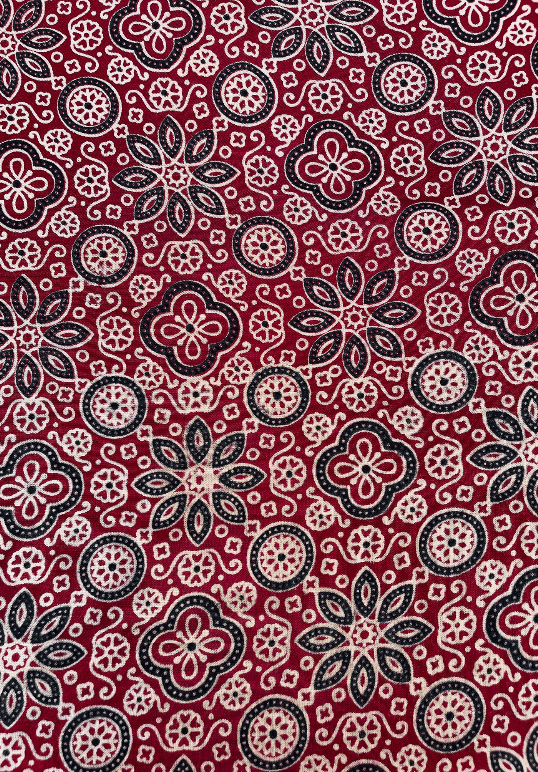 Floral & Geometric Ajrakh Rayon - Deep Red, Black, & Cream