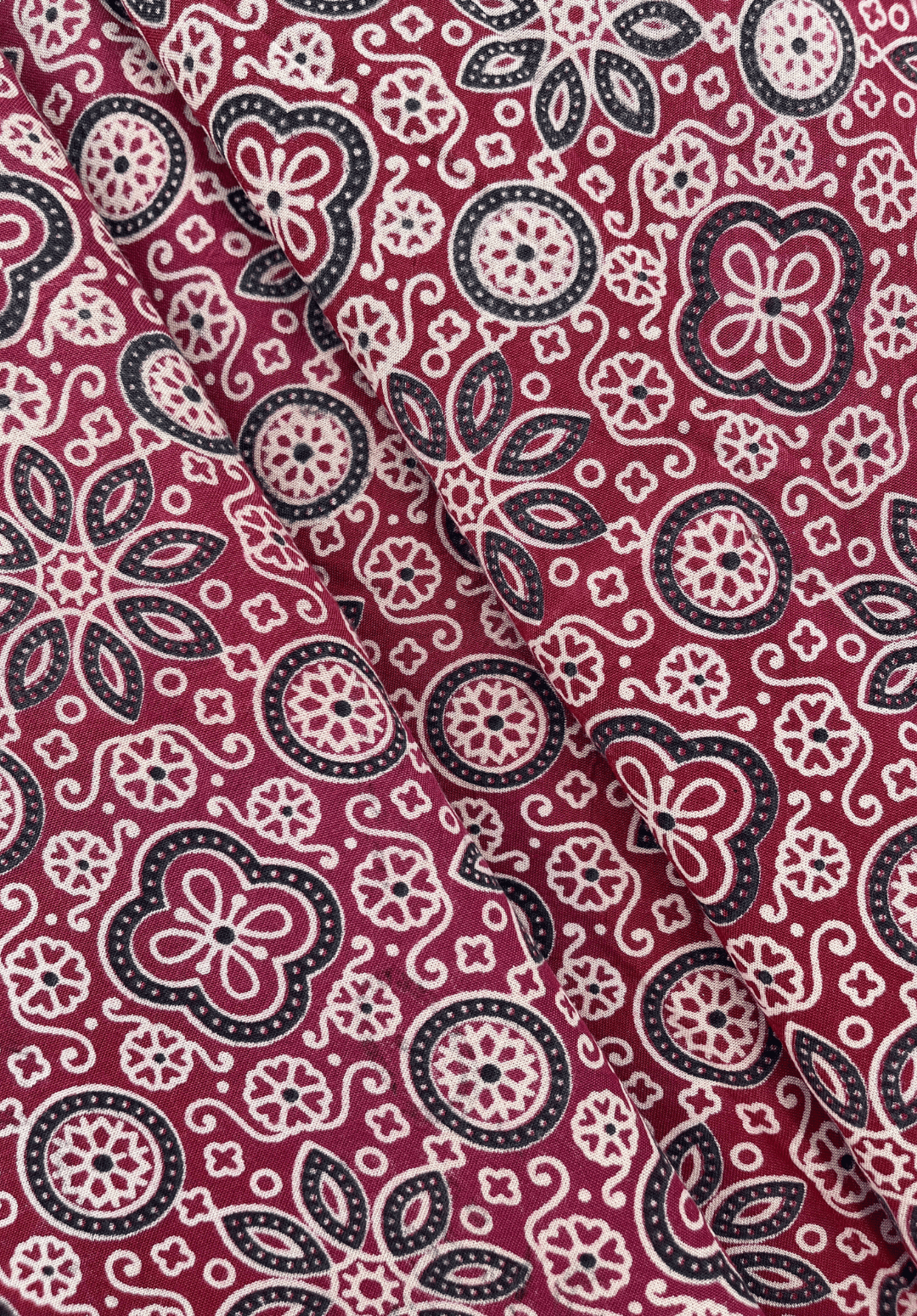 Floral & Geometric Ajrakh Rayon - Deep Red, Black, & Cream
