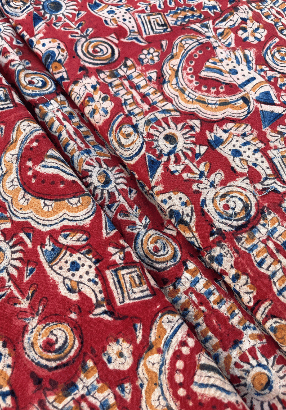Fiery Red & Indigo Fish Motif Traditional Kalamkari Fabric