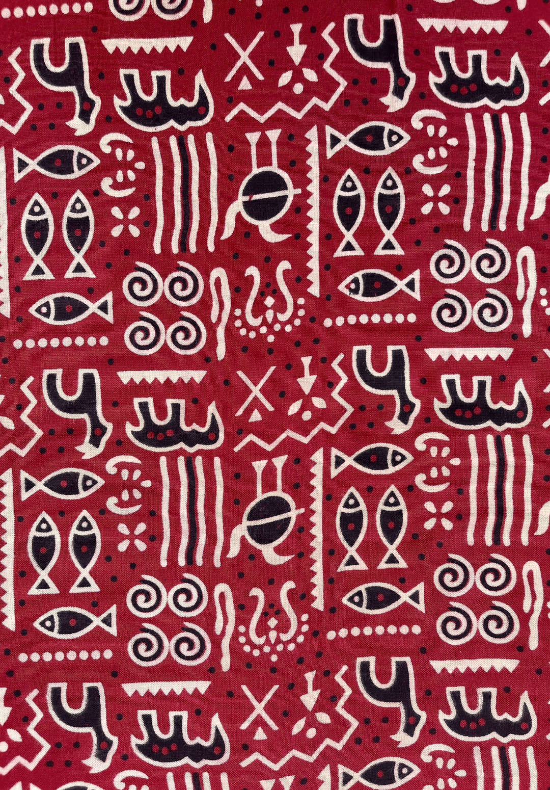 Symbolic Motif Ajrakh Rayon Fabric - Red, Black, & Cream