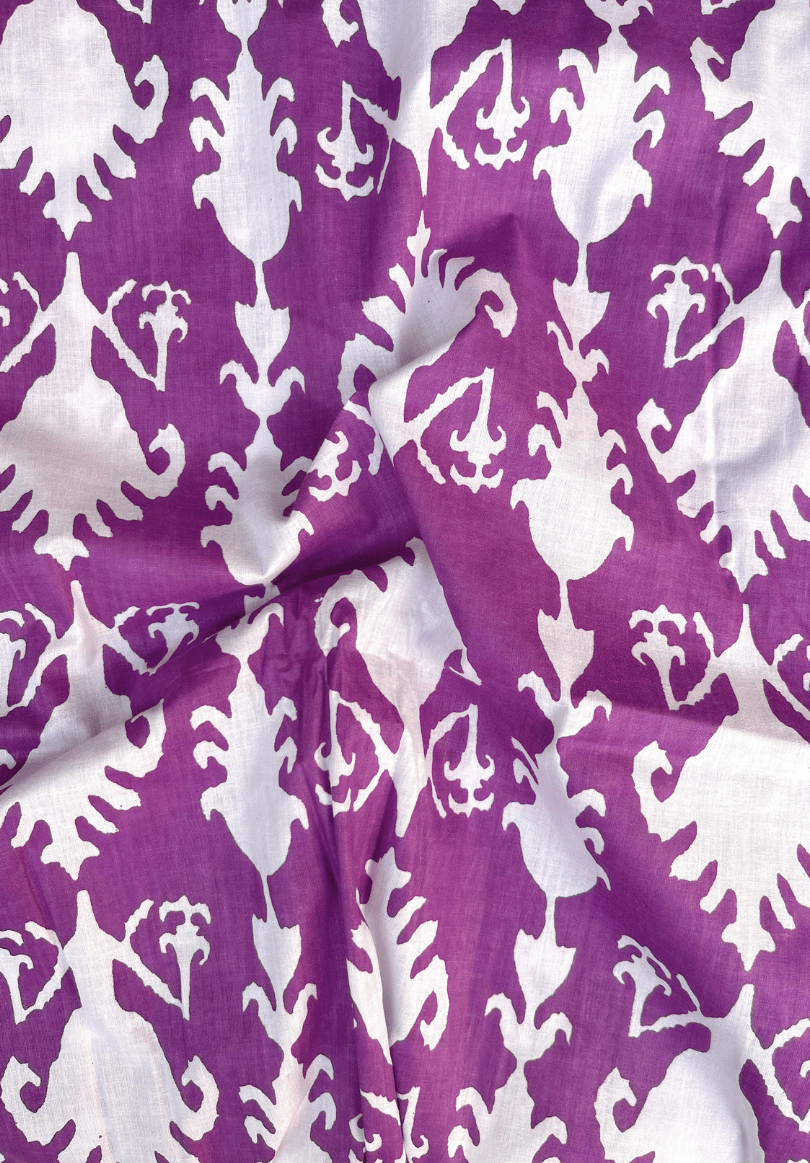 Elegant Screen Print Pure Cotton Fabric in Purple and White