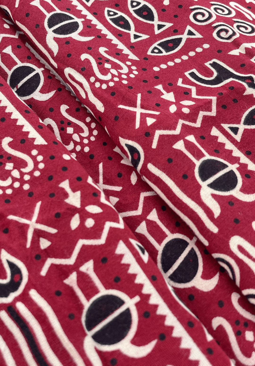 Symbolic Motif Ajrakh Rayon Fabric - Red, Black, & Cream