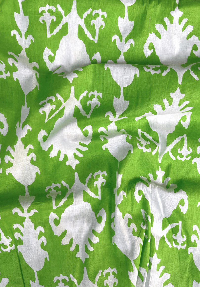 Elegant Screen Print Pure Cotton Fabric in Green and White