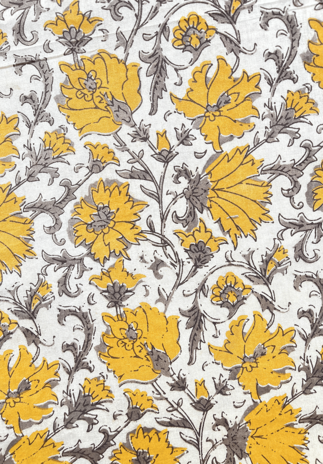 Vintage-Inspired Yellow Floral Block Print Fabric