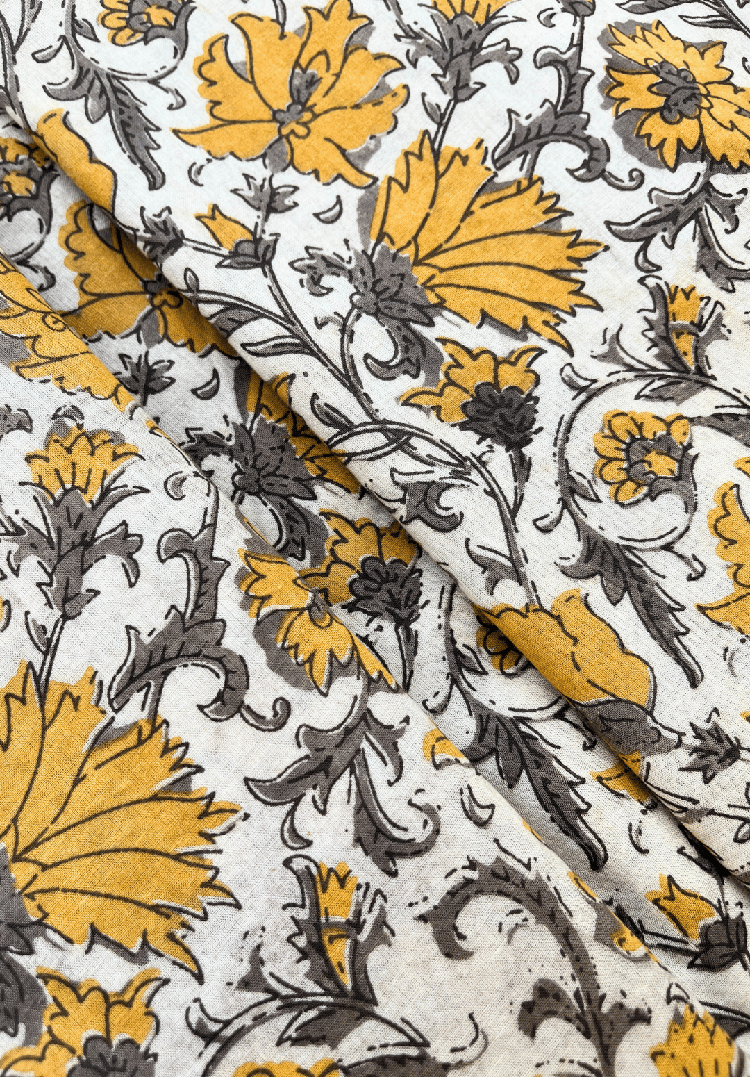Vintage-Inspired Yellow Floral Block Print Fabric