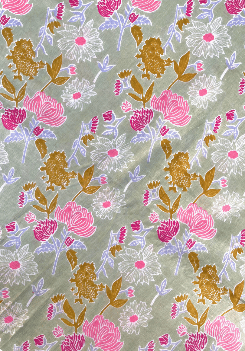 Elegant Floral Screen Print Cotton Fabric in Soft Sage Green with Pink and Gold Accents