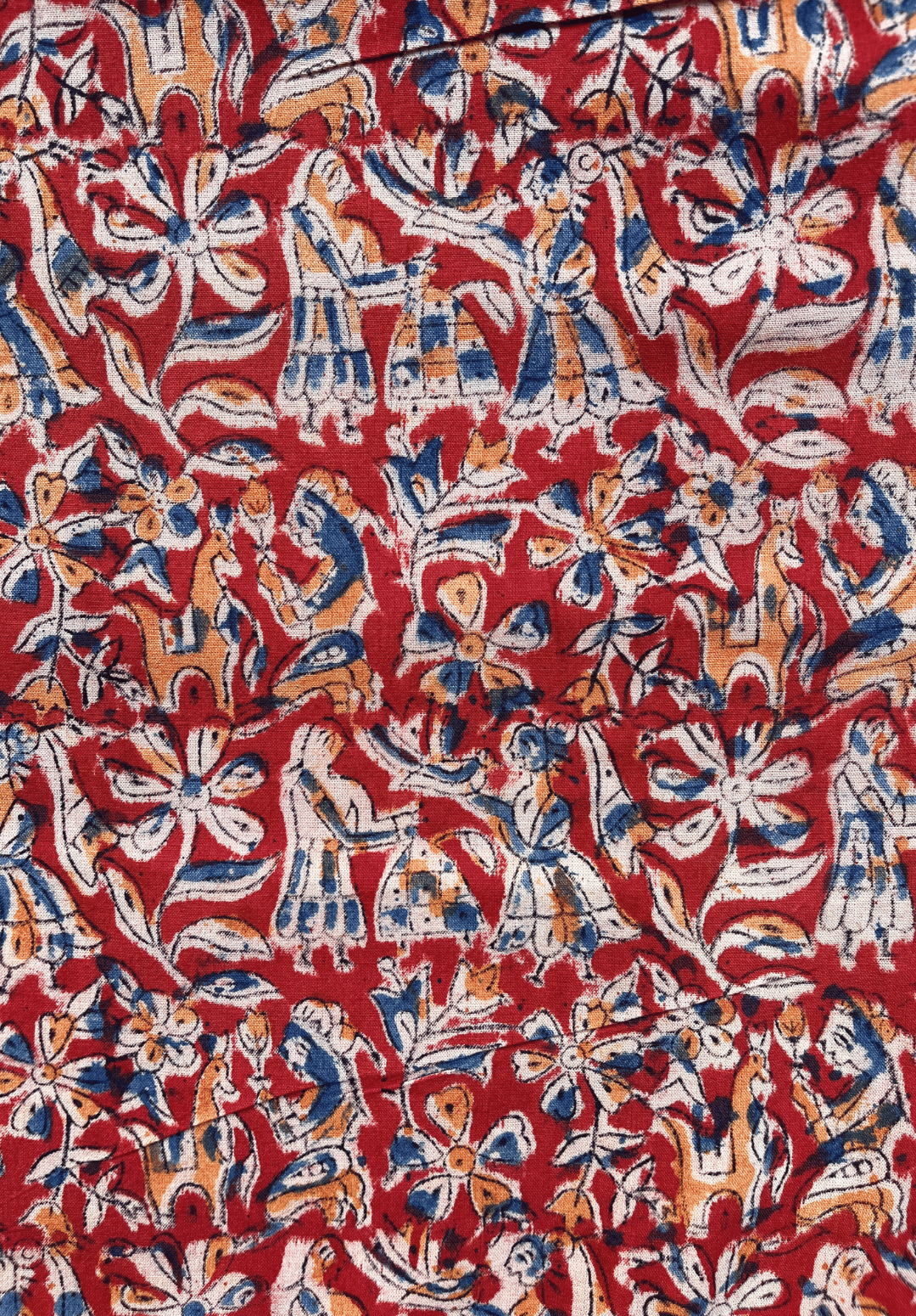 Fiery Red & Indigo Folk Art Traditional Kalamkari Fabric