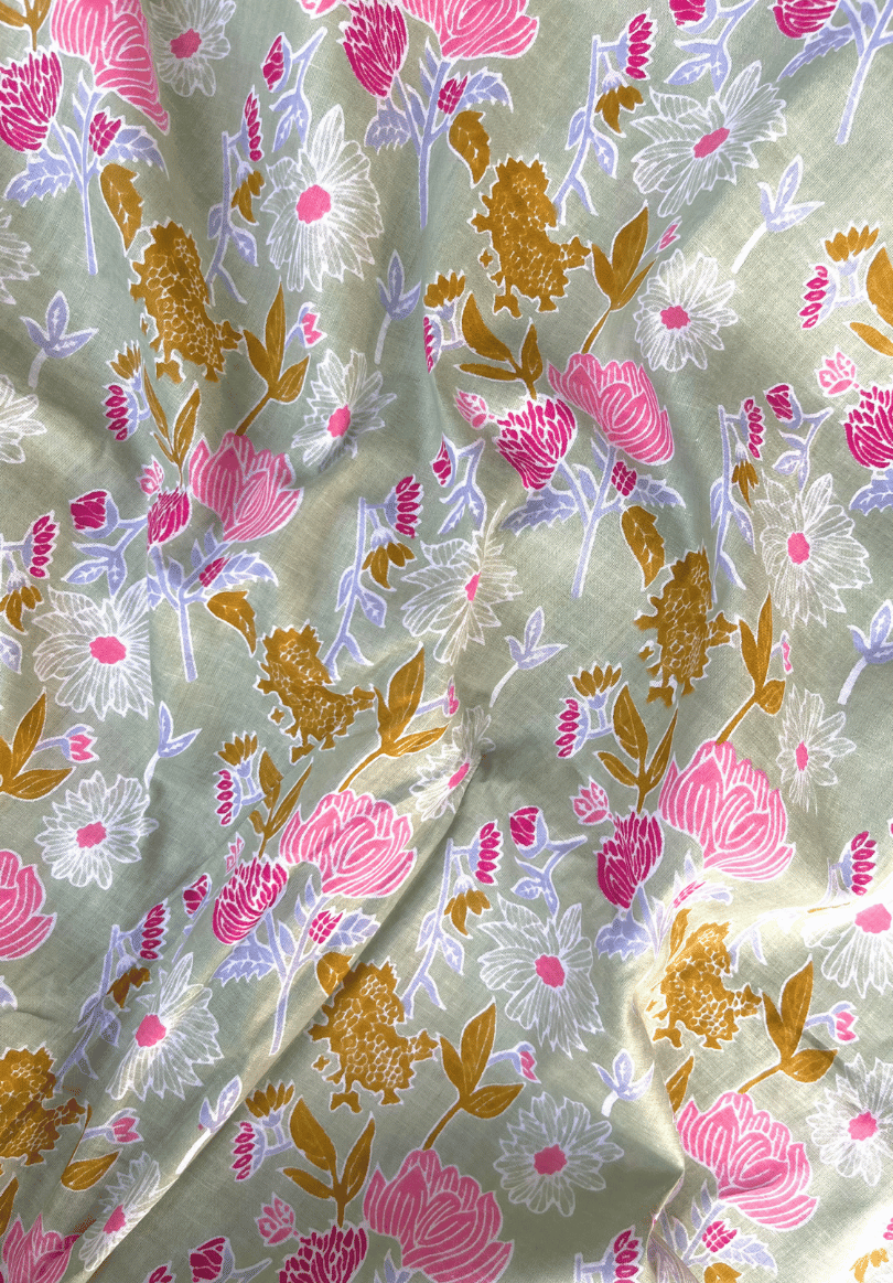 Elegant Floral Screen Print Cotton Fabric in Soft Sage Green with Pink and Gold Accents