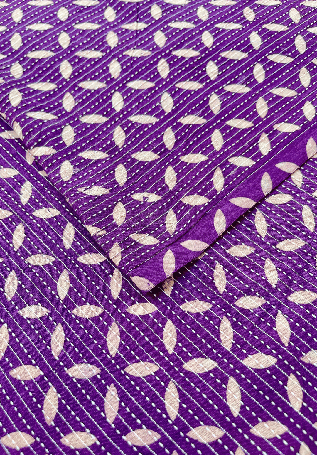 Violet Bliss Kantha Stitch Cotton Fabric with Handcrafted Floral Embroidery