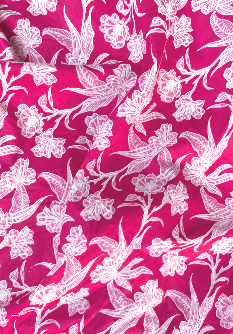 Vibrant Hot Pink Floral Cotton Fabric with Intricate White Botanical Prints
