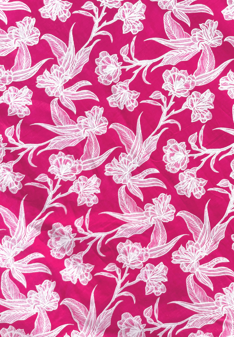 Vibrant Hot Pink Floral Cotton Fabric with Intricate White Botanical Screen Prints