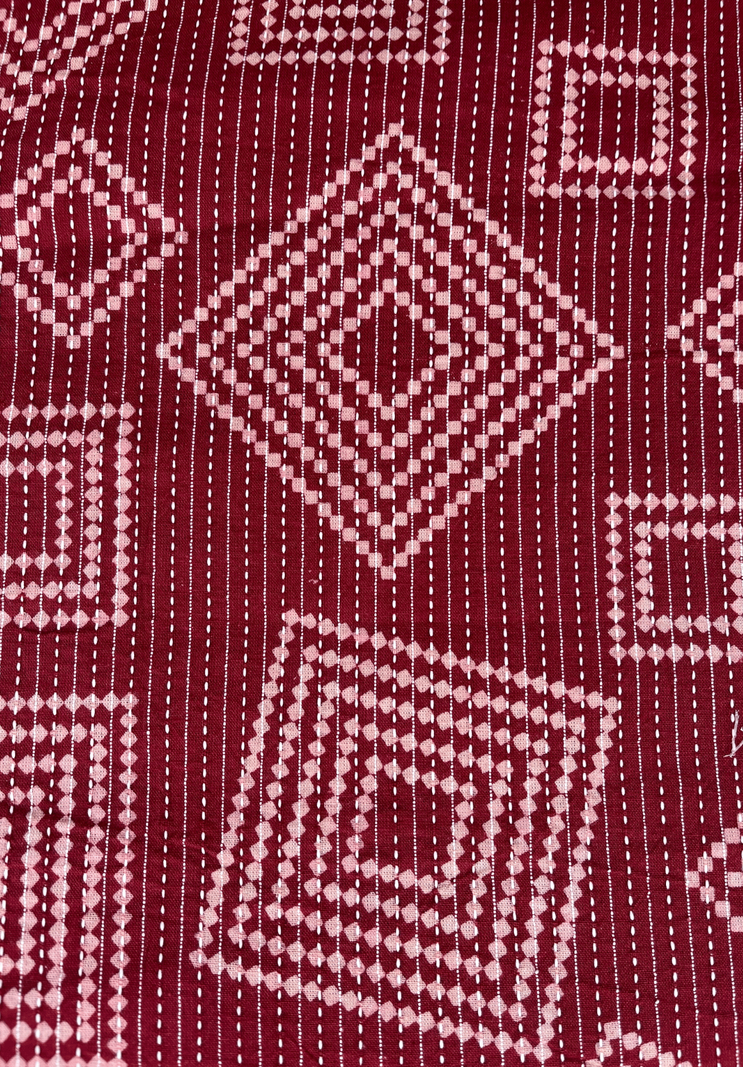 Crimson Elegance Kantha Stitch Cotton Fabric with Handcrafted Floral Embroidery