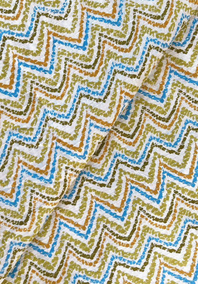 Fade Green Zigzag Kantha Screen Print Pure Cotton Fabric