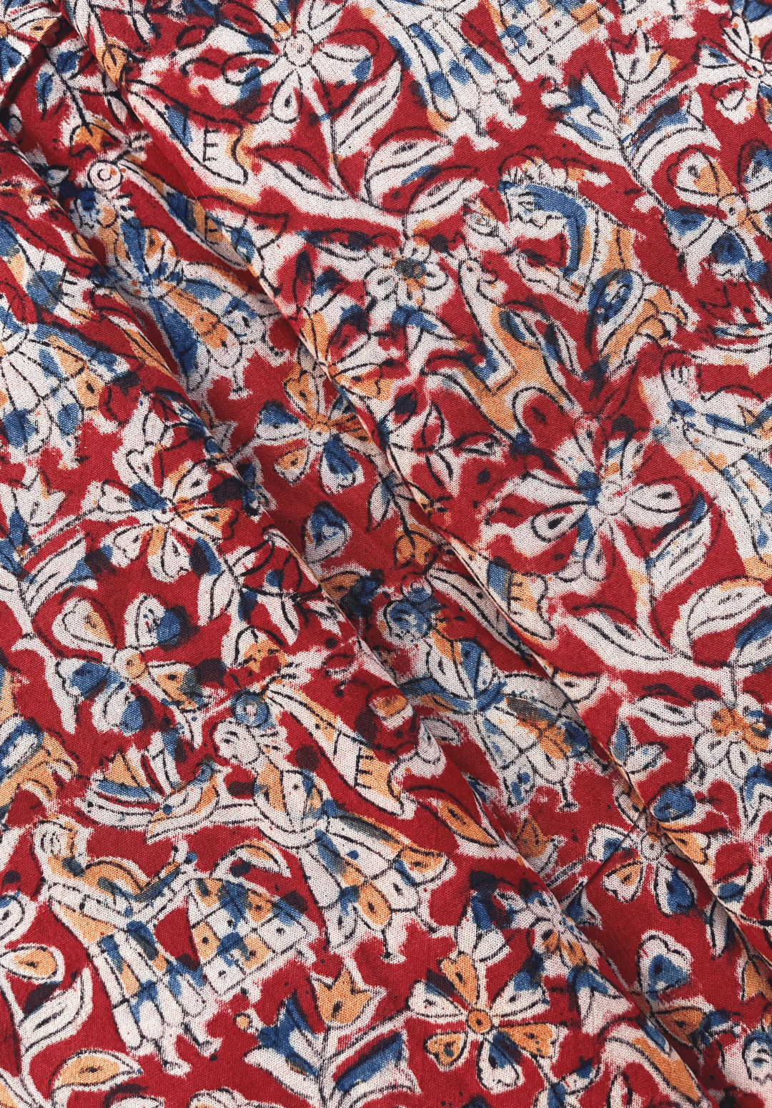 Fiery Red & Indigo Folk Art Traditional Kalamkari Fabric