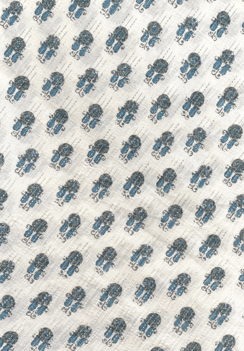 Elegant Blue Floral Kantha Print on White Pure Cotton Fabric