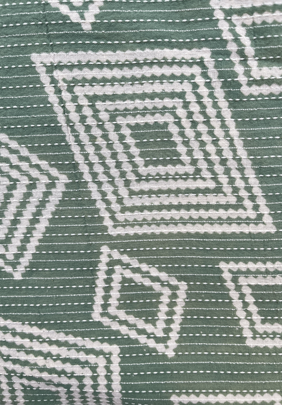 Green Kantha Stitch Fabric with Geometric Diamond Pattern
