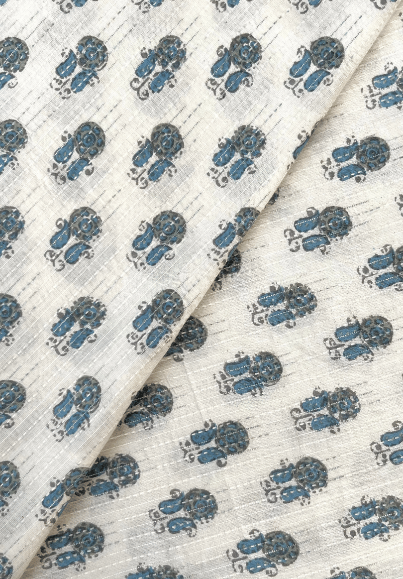 Elegant Blue Floral Kantha Print on White Pure Cotton Fabric
