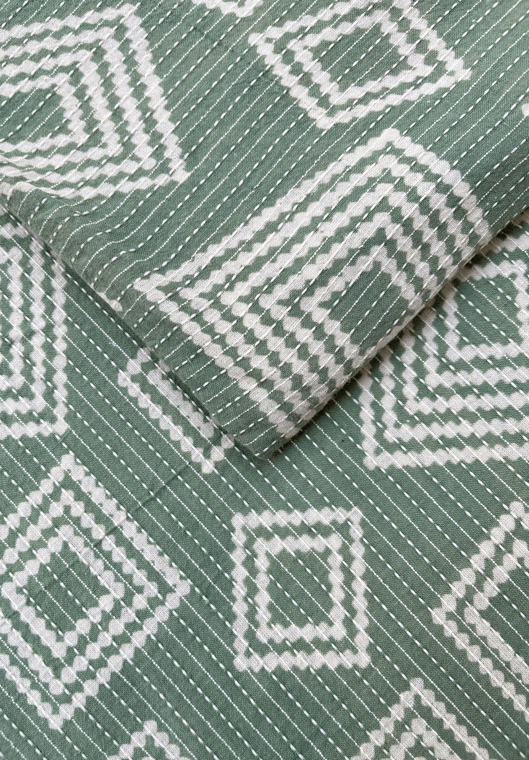 Green Kantha Stitch Fabric with Geometric Diamond Pattern