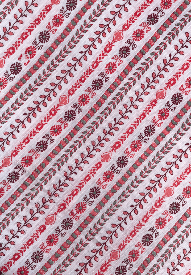 Charming Floral Stripe Kantha Print on White Pure Cotton Fabric