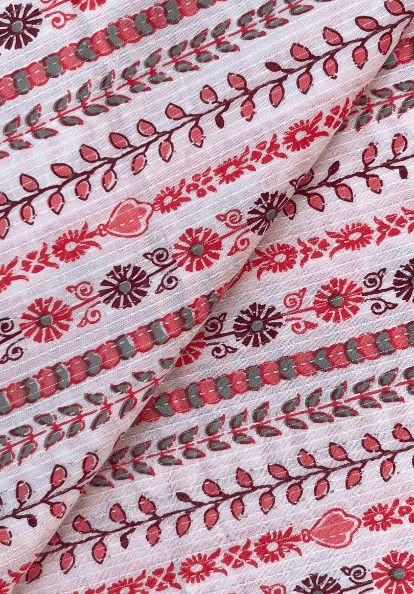 Charming Floral Stripe Kantha Print on White Pure Cotton Fabric