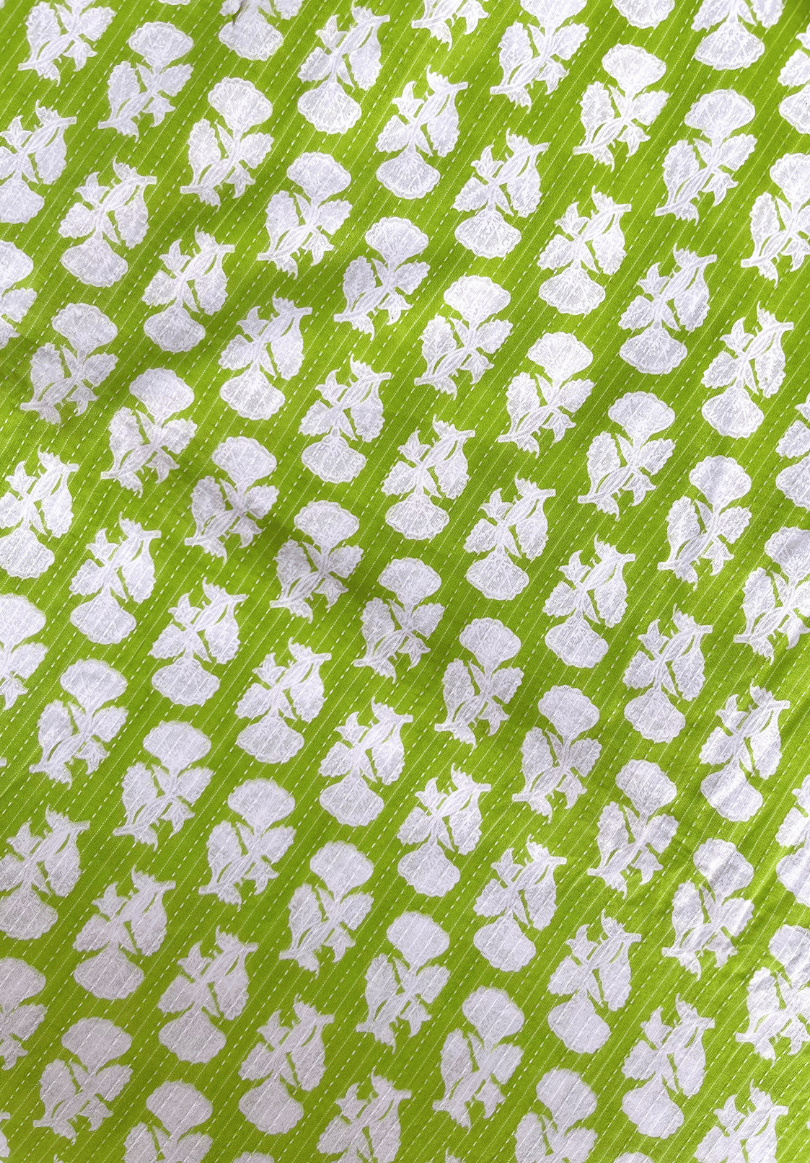 Vibrant Green Kantha Screen Print Pure Cotton Fabric