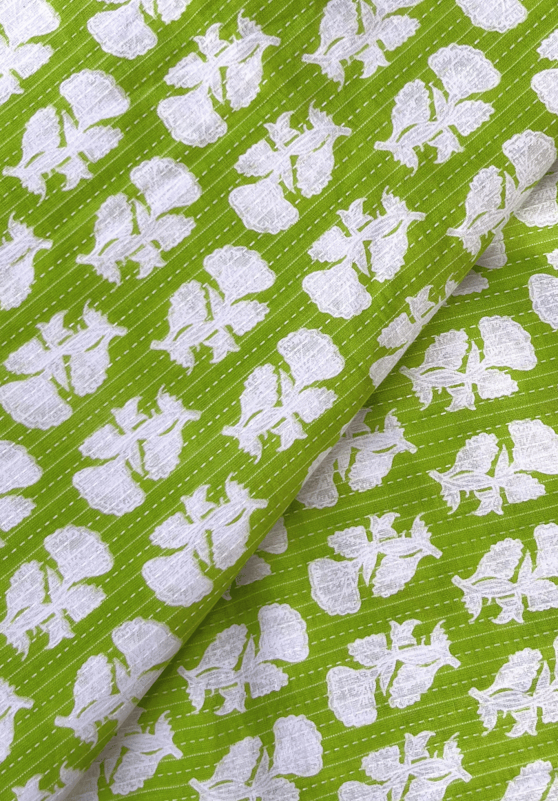 Vibrant Green Kantha Screen Print Pure Cotton Fabric