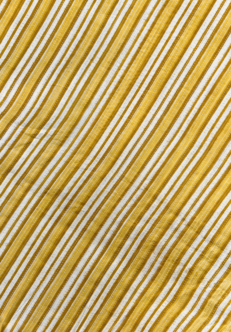 Golden Mustard Striped Kantha Screen Print Pure Cotton Fabric