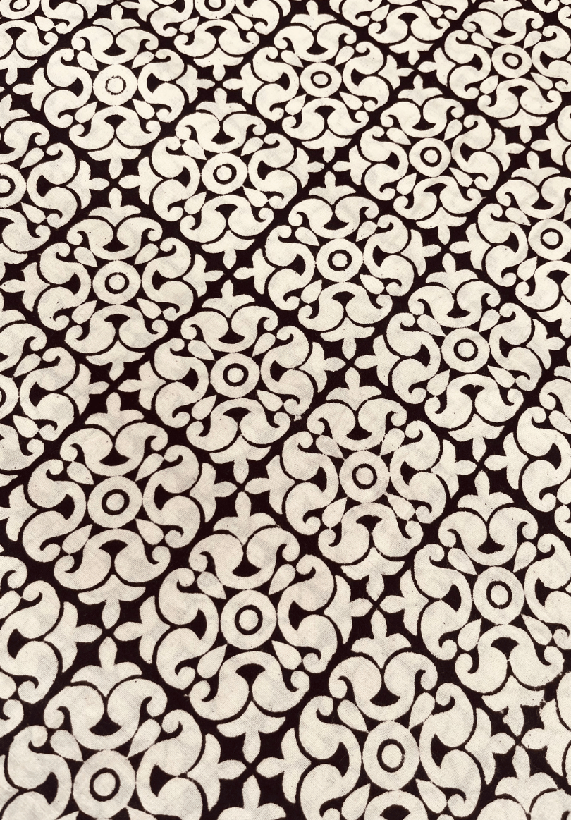 Traditional Floral Block Print Cotton Fabric – Black & White Elegance