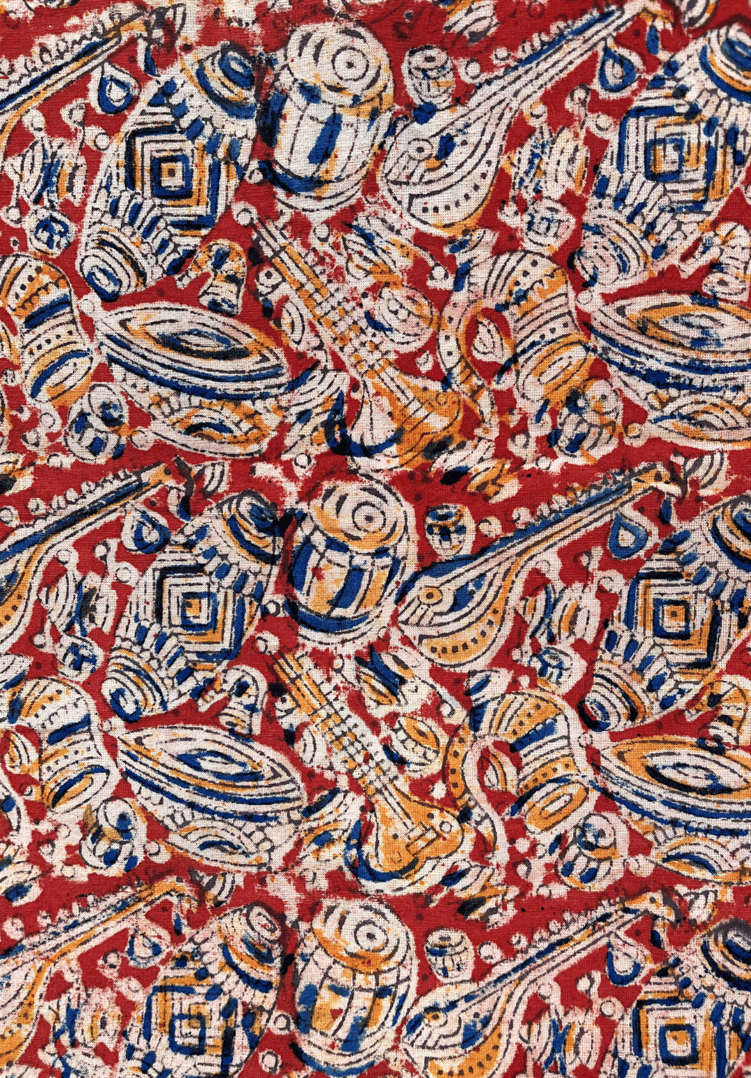 Vibrant Red & Indigo Musical Motif Traditional Kalamkari Fabric