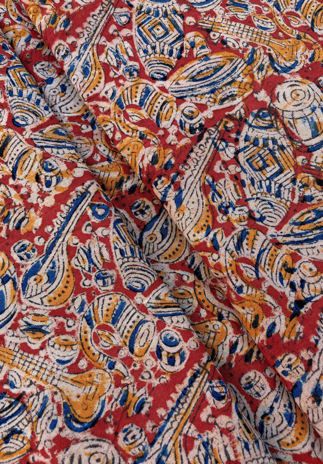 Vibrant Red & Indigo Musical Motif Traditional Kalamkari Fabric