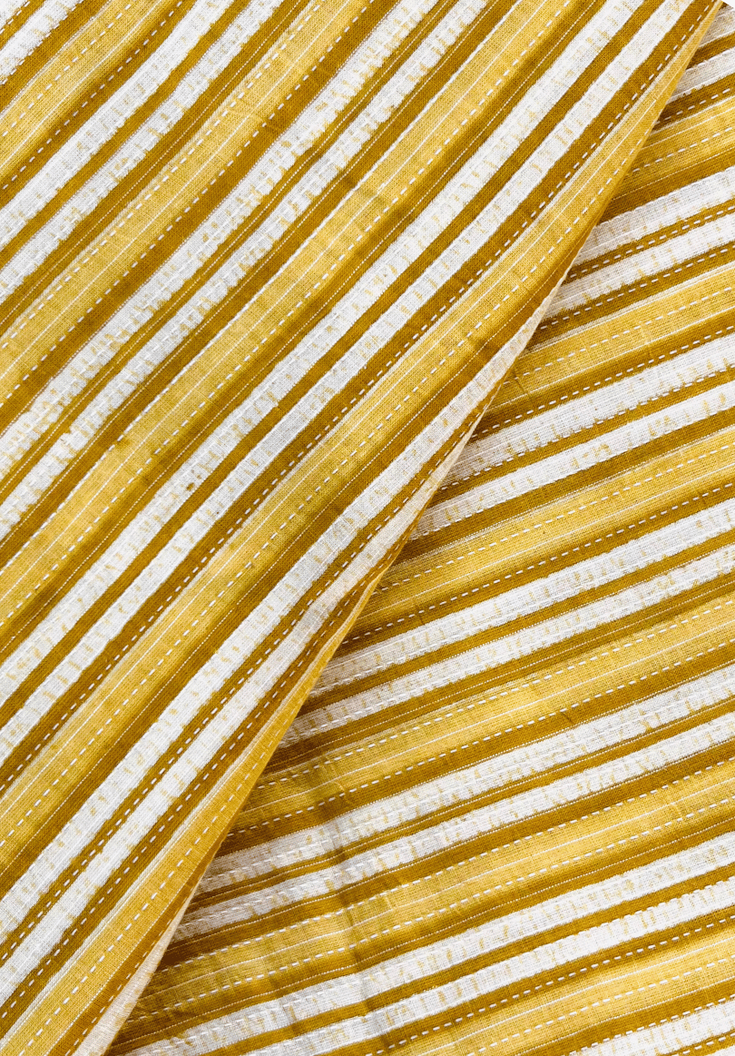 Golden Mustard Striped Kantha Screen Print Pure Cotton Fabric