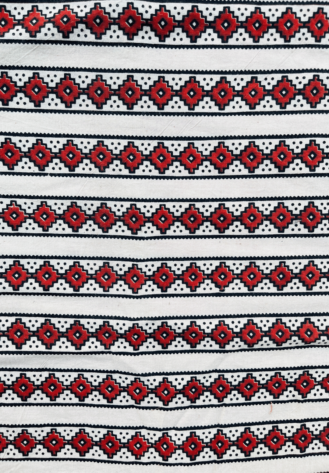 Diamond Motif Hand Block Fabric - Red & Black on Crisp White