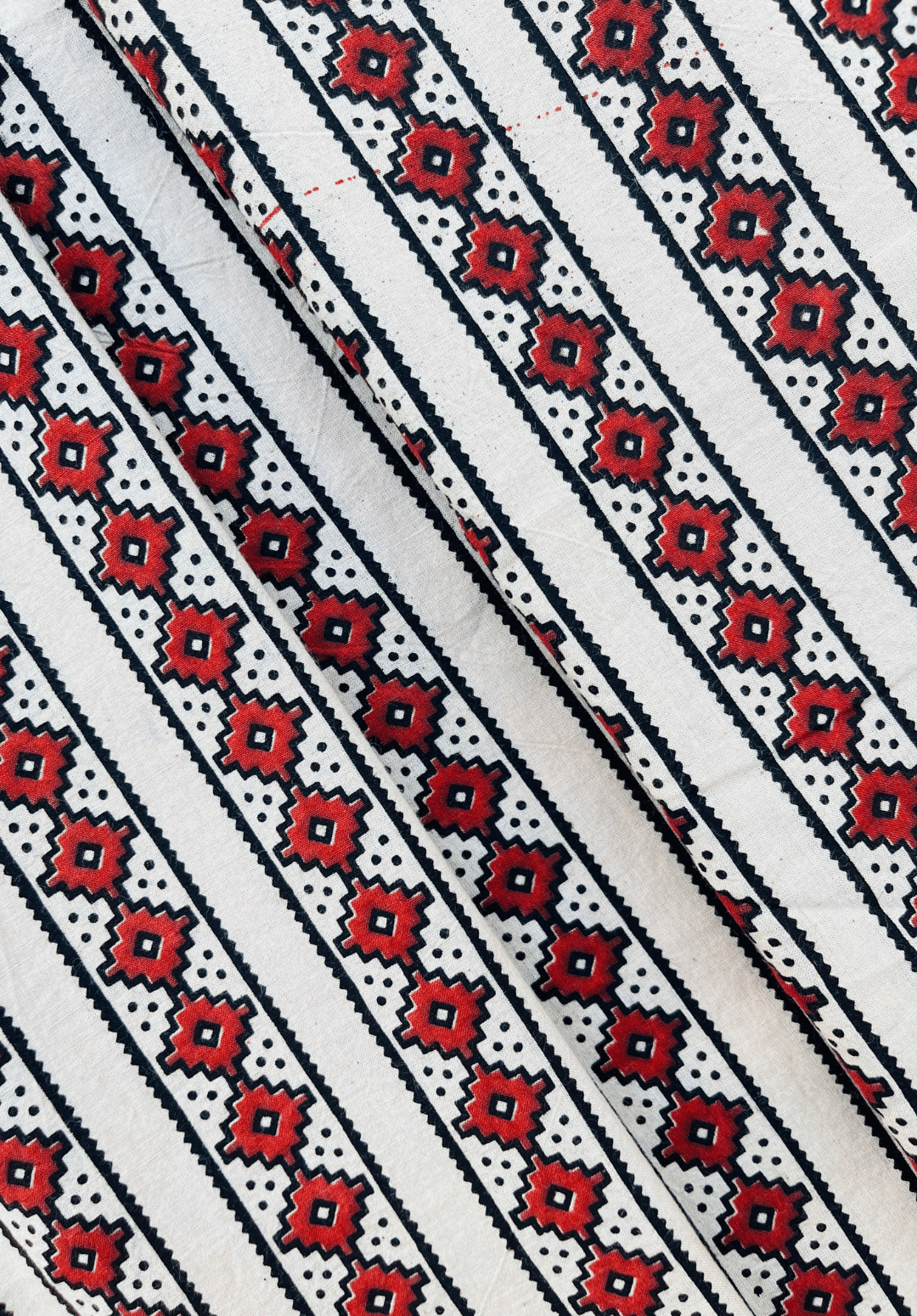 Diamond Motif Hand Block Fabric - Red & Black on Crisp White